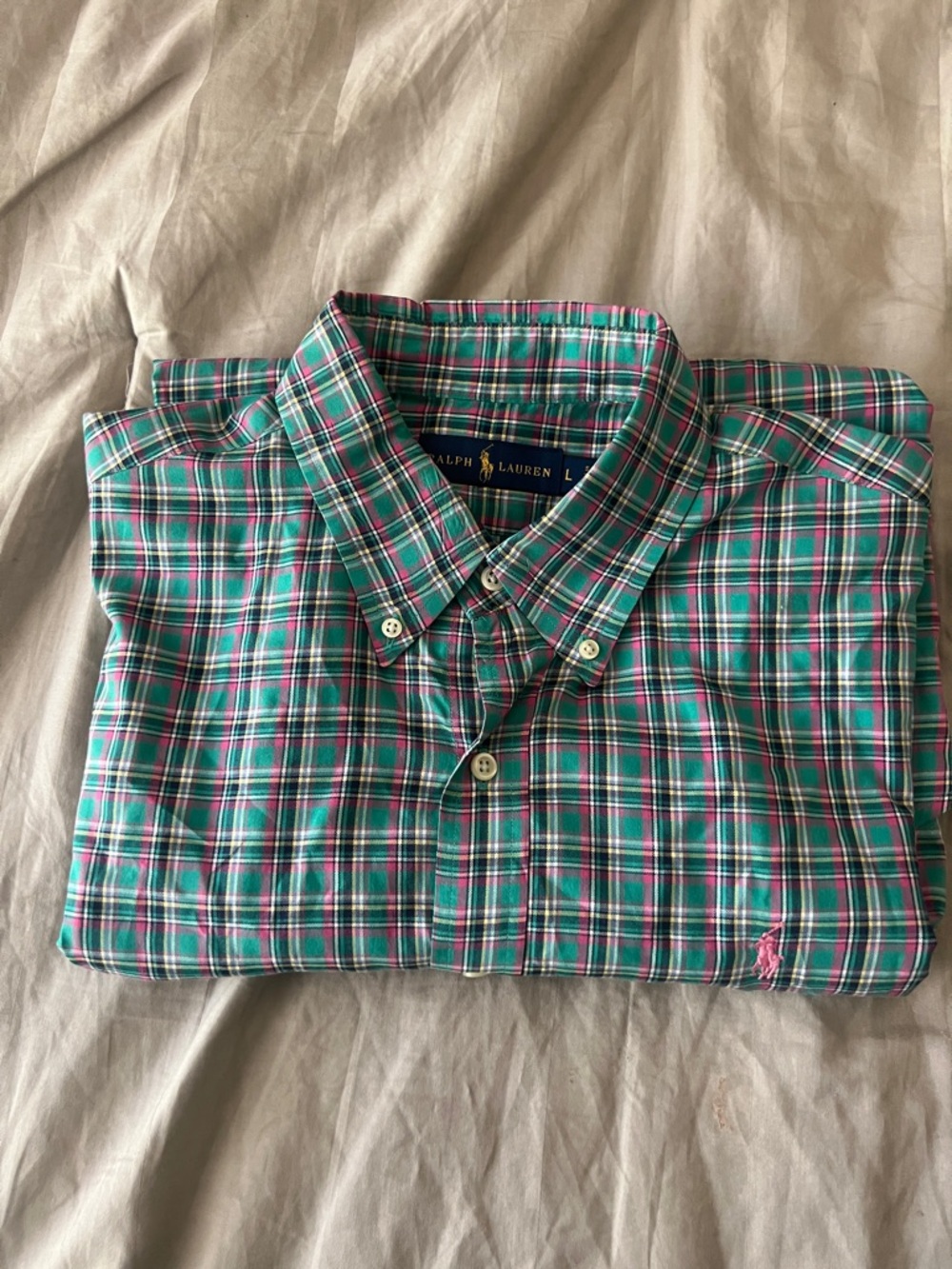 Ralph Lauren Green Plaid Button-Down Shirt with Pink & White Accents